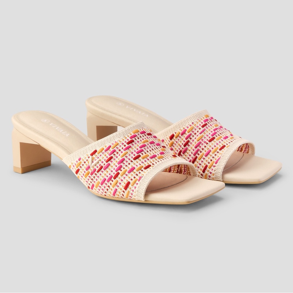 Orange and Pink “Juliet” Woven Block Heel Square Toe Sandal Slide